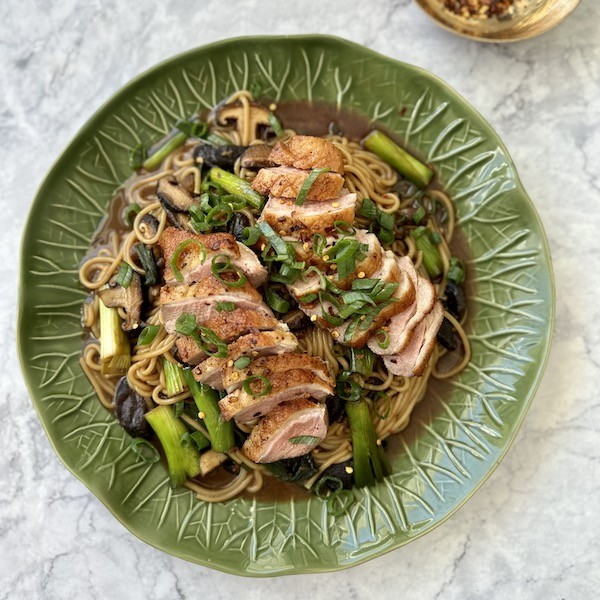 Longevity noodles with duck breast, ginger and shitake mushrooms Recipe